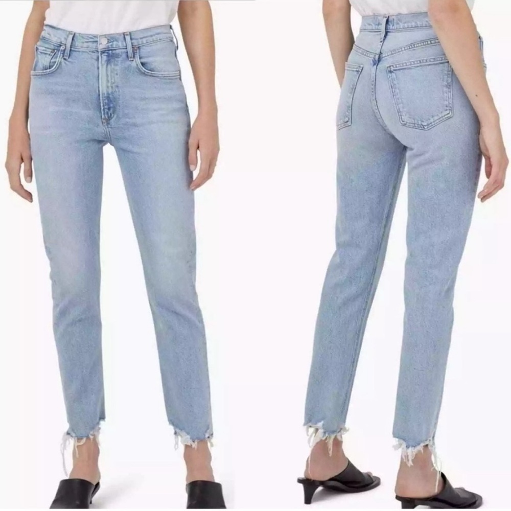 Agolde Jeans “Merrel” 25 Blue Cotton Blend Straight Leg Raw Hem Mid Rise Womens